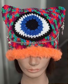 Made with acrylic yarn and a fuzzy soft yarn and Charms!  For any Festival or just wear it in the winter! And events too! Very comfy - measures approx. 22" Fuzzy Crochet, Neon Cat, Crochet Rainbow, Big Easy, Cat Hat, San Bernardino, Skull Cap Beanie, Crochet Art, Soft Yarn