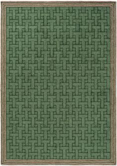 a green rug with an intricate design on the bottom and sides, in two different colors