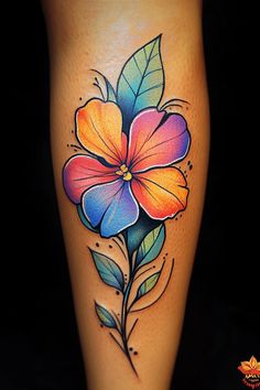 a colorful flower tattoo on the leg