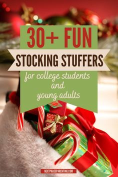 christmas presents with the text 30 fun stocking stuff for college students and young adults