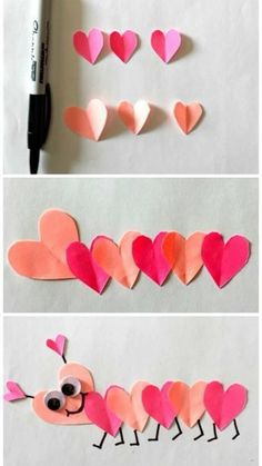 some paper hearts are cut into the shape of a caterpillar with eyes and nose