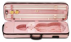 an open pink suitcase sitting on top of a white floor