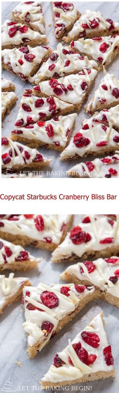 some food that is laying out on a sheet of paper and the words copycat starbucks cranberry bliss bar