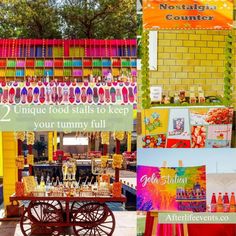 there are many different items for sale at this vendor's booth, including food stands and candy bars