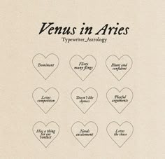 seven heart shapes with captions in black ink on a beige paper background that says capricon venus