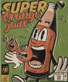 an advertisement for orange juice with a cartoon character on the front and bottom half of it