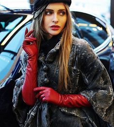 Long red winter gloves Leather Gloves Ladies, Outfits With Gloves, Vinyl Fashion