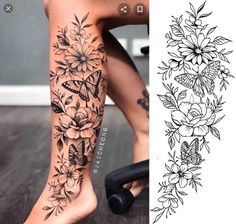 a woman's leg with flowers and butterflies on it, next to an image of the