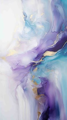 an abstract painting with blue, purple and gold colors on it's surface is featured in this image