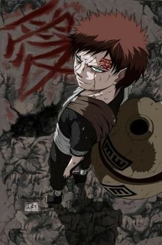 an anime character with red hair and blood on his face, holding a large object