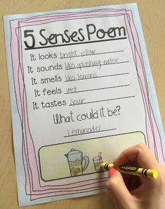 a person writing on a paper with a marker in front of it and the words 5 sense poem