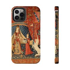 a phone case with an image of a woman in medieval dress and a cat on it