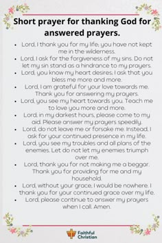 a prayer card with the words, short prayer for thanking god for an answered prayer