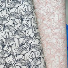 two different types of fabric with flamingos on them