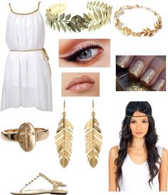 a white dress with gold accessories and jewelry