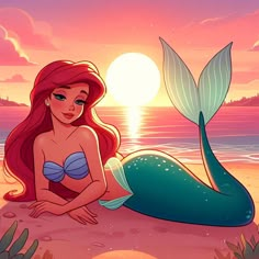 the little mermaid is sitting on the beach