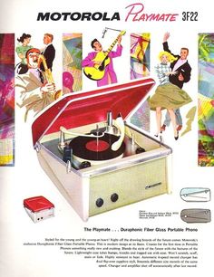 an advertisement for the motorola playmate stereo turntable with people playing music on it