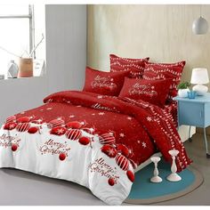 a red and white christmas themed comforter set