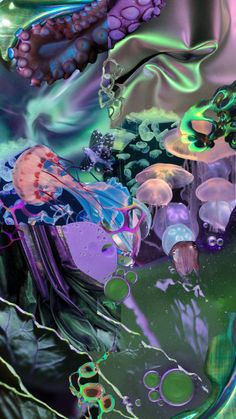 an abstract painting with jellyfishs and other sea creatures in the water, on a purple background