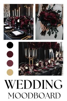 the wedding mood board is filled with black and red flowers, candles, and white blooms