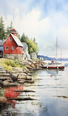 a watercolor painting of a red house on the shore with boats in the water