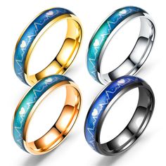 Emotional ECG Ring Heartbeat Stainless Steel Mood Ring Mood Ring Colors, Heart Beat Ring, Mood Rings, Jewelry Couple, Ring Party Jewelry, Couple Band, Couples Accessories, Color Heart, Mood Ring