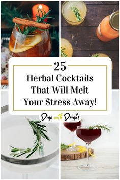 Collage of 4 herbal cocktails. Herby Cocktails, Herb Mocktail Recipe, Cocktails With Herbs, Herbal Cocktail Recipes, Fruit And Herb Cocktails, Tea Infused Cocktails, Herb Cocktails, Herbal Infused Mocktails