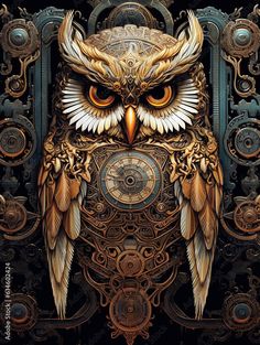 an owl is sitting on top of a clock with ornate carvings and intricate details around it