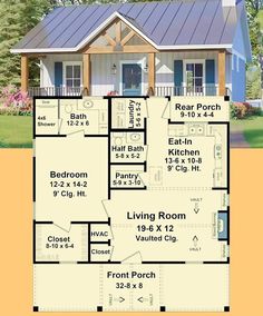 the floor plan for a small house with two bedroom and an attached porch, is shown