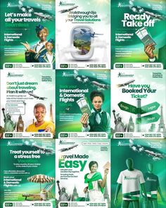 an advertisement for travel agencies with green and white designs on the front, back and sides