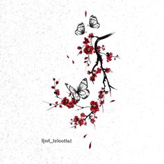 a branch with red flowers and two butterflies on it, painted in black and white