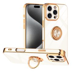 an iphone case and ring holder with two phones on it, one is white and the other is gold