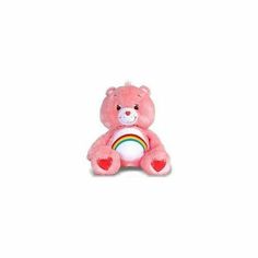 a pink teddy bear with a rainbow on it's chest sitting in front of a white background