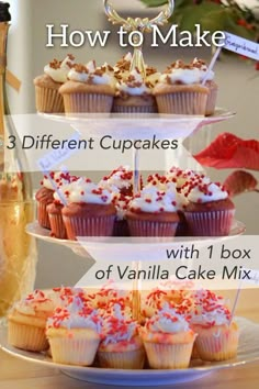 three tiered cupcakes with vanilla cake mix on top and the words, how to make 3 different cupcakes with 1 box of vanilla cake mix