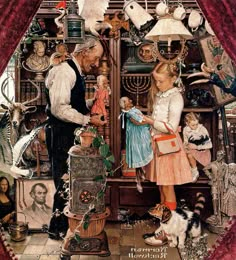 a painting of two children and an adult looking at a doll in a store window