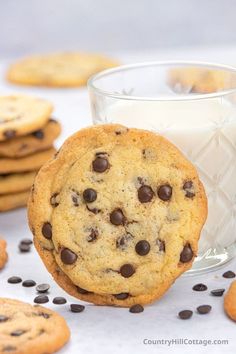 chocolate chip cookies without brown sugar in front of a glass of milk with the words yummy on it