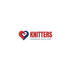 the logo for knitters handmade with love, which features a heart in red and blue