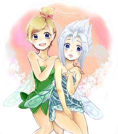 two cartoon characters dressed as tinkerbells, one holding the other's back