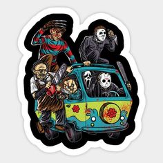 a van with three skeletons on the front and one skeleton in the back, driving