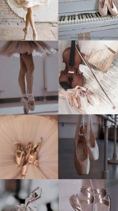 a collage of ballet shoes and musical instruments