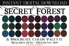 a poster with different colors on it for the magic woods project, including black and white circles