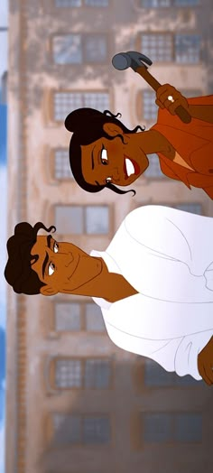 the princess and the frog are talking to each other in front of a tall building