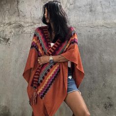 Striped sweater shawl sleeveless knit cape over women's thick blanket coat Ladies Caftan, Sweater Shawl, Thick Blanket, Blanket Coat, Cape Sweater, Knitted Cape, Sleeveless Knit, Poncho Cape, Knitted Poncho