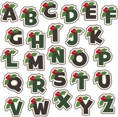 the letters and numbers are decorated with holly leaves, red berries, and green leaves