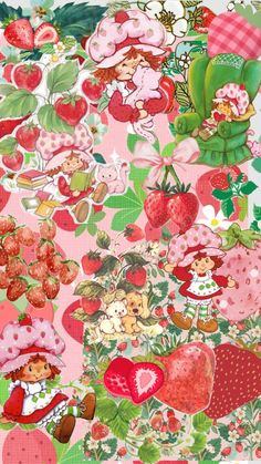 strawberry shortcakes and other fruits are on pink fabric with green leaves, flowers, and hearts