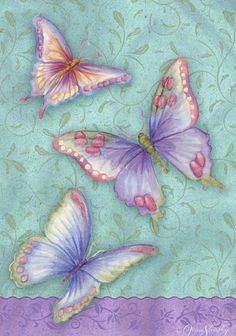 three purple butterflies on a blue and green background