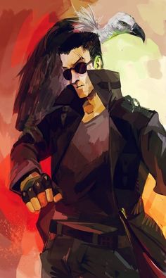 a digital painting of a man with a bird on his head and sunglasses over his eyes