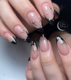 French Tip Celestial Nails, August Almond Nails Designs, New Year’s Eve Nails Black, Gel Nail Extensions Ideas, Almond Nails Black Design, Black Nails Acrylic Almond, Black Nails Ideas Almond, Black Celestial Nails, Witchy Nails Almond