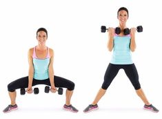 two women doing squats with dumbbells in front of their backs and back