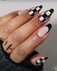 Funky Engagement Nails, High Contrast Nails, Retro Nail Art Design, Music Fest Nails, Punk Rock Nail Art, 1988 Nails, Summer Edgy Nails, Almond Acrylic Nails Designs Edgy, Rock Inspired Nails